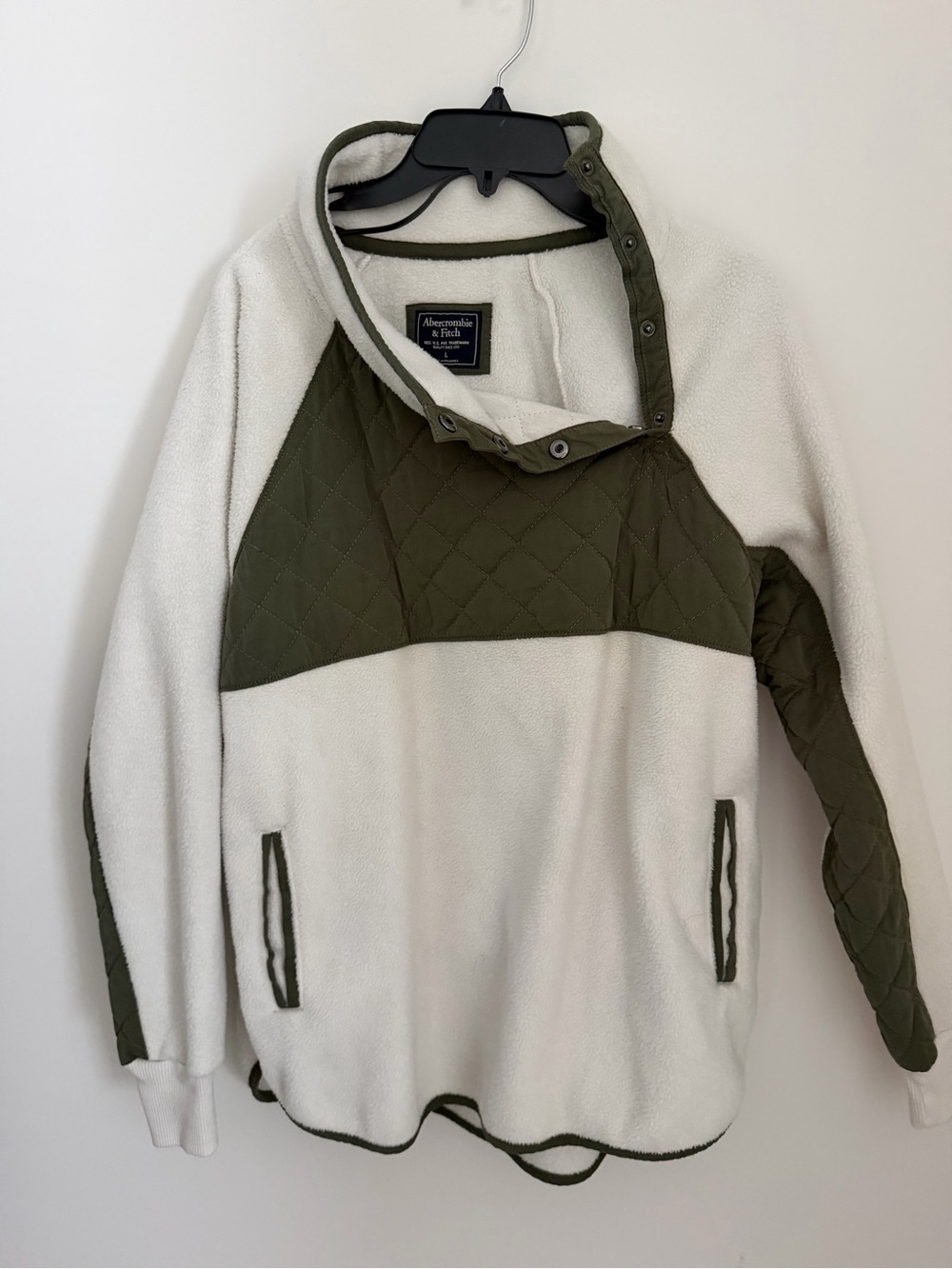 Abercrombie & Fitch Quilted Olive & Cream Fleece Pullover Women’s Large - Picture 2 of 7